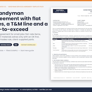 May include: A digital handyman services agreement template pack featuring a contract document with sections for contractor and client details, a work scope table, and terms. The text includes headers like Handyman Services Agreement.