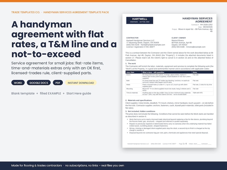 May include: A digital handyman services agreement template pack featuring a contract document with sections for contractor and client details, a work scope table, and terms. The text includes headers like Handyman Services Agreement.