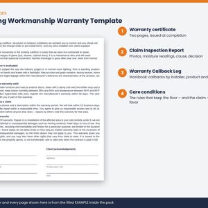 May include: A Flooring Workmanship Warranty Template document featuring sections on evaluation, maintenance, and claims. To the right, four numbered orange circles list components: Warranty certificate, Claim Inspection Report, Warranty Callback Log, and Care conditions.