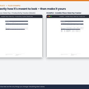 May include: A digital spreadsheet template for an Installer Piece-Rate Pay and Productivity Tracker. The image displays two windows: one blank template and one filled example, both featuring dark headers and organized data columns for tracking.