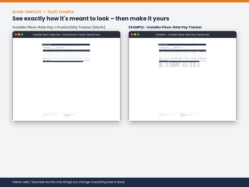 May include: A digital spreadsheet template for an Installer Piece-Rate Pay and Productivity Tracker. The image displays two windows: one blank template and one filled example, both featuring dark headers and organized data columns for tracking.