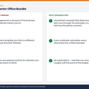 May include: A digital infographic titled Contractor Office Bundle. The left column, labeled Sounds Familiar?, lists three pain points with red X icons. The right column, labeled What the Bundle Fixes, lists three solutions with green checkmark icons.