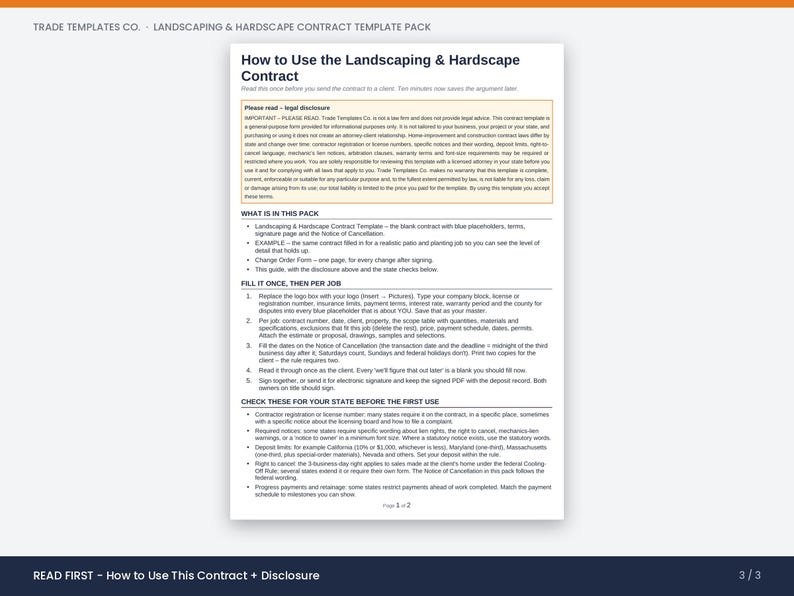 Preview of the filled example in the Landscaping & Hardscape Contract Template Pack, showing a real job.