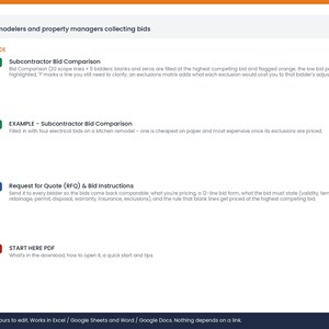 May include: A digital document set for GCs, remodelers, and property managers. Includes a Subcontractor Bid Comparison in XLSX, an example file, a Request for Quote and Bid Instructions in DOCX and PDF, and a Start Here PDF guide.