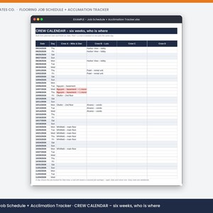 Preview of the filled example in the Flooring Job Schedule + Acclimation Tracker, showing a real job.