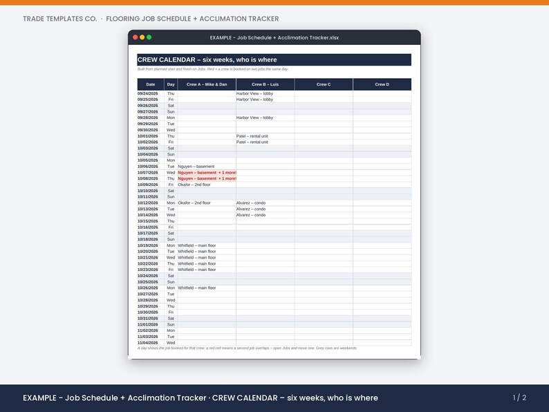 Preview of the filled example in the Flooring Job Schedule + Acclimation Tracker, showing a real job.
