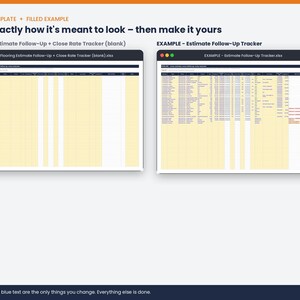 May include: A digital spreadsheet template for flooring estimate follow-up and close rate tracking. The image displays two windows: a blank version titled Flooring Estimate Follow-Up + Close Rate Tracker and a populated example version with data.