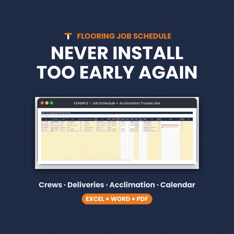 Flooring Job Schedule + Acclimation Tracker for Excel, Google Sheets, PDF, Word and Google Docs: Crews , Deliveries , Acclimation , Calendar. Instant digital download from Trade Templates Co.