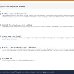 May include: A digital document bundle for plumbing contractors including a five-page Plumbing Services Contract Template, a filled example contract, a one-page Change Order Form, a Read First disclosure guide, and a Start Here PDF for setup.