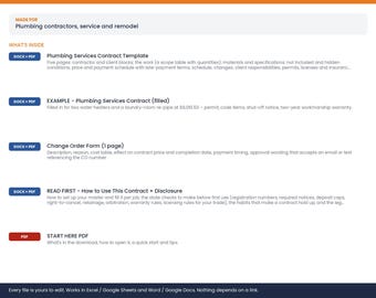 Plumbing Contract Template, Plumbing Service Agreement, Plumber Contract, Warranty, Change Order, Word Google Docs PDF