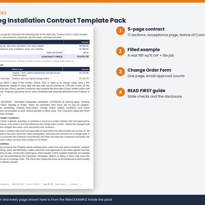 May include: A Flooring Installation Contract Template Pack featuring a 5-page contract with 17 sections, a filled example of a 961 sq ft LVP and tile job, a one-page Change Order Form, and a READ FIRST guide covering state checks and disclosures.