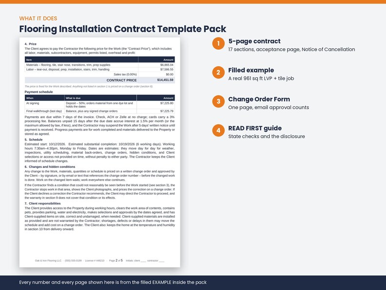 May include: A Flooring Installation Contract Template Pack featuring a 5-page contract with 17 sections, a filled example of a 961 sq ft LVP and tile job, a one-page Change Order Form, and a READ FIRST guide covering state checks and disclosures.