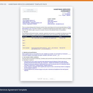 May include: A white Handyman Services Agreement template document featuring black text and a yellow table for itemized work. The form includes sections for contractor and client information, project details, materials, specifications, and exclusions.