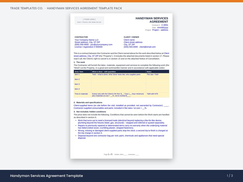 May include: A white Handyman Services Agreement template document featuring black text and a yellow table for itemized work. The form includes sections for contractor and client information, project details, materials, specifications, and exclusions.