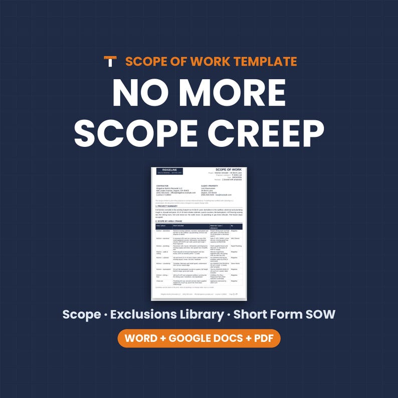 Scope of Work Template, Construction SOW, Exclusions & Assumptions Library, Short Form, Word Google Docs PDF image 1