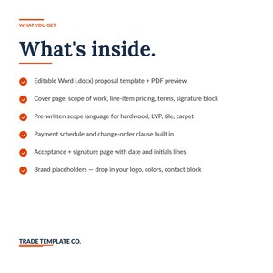 May include: A digital document template titled What's inside. It lists features including an editable Word doc, PDF preview, cover page, scope of work, line-item pricing, terms, signature block, pre-written flooring language, and brand placeholders.