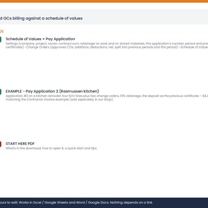 May include: A digital document set for construction billing including a Schedule of Values and Pay Application in XLSX format, an example file for a kitchen remodel, and a Start Here PDF guide. The files are editable in Excel and Word.