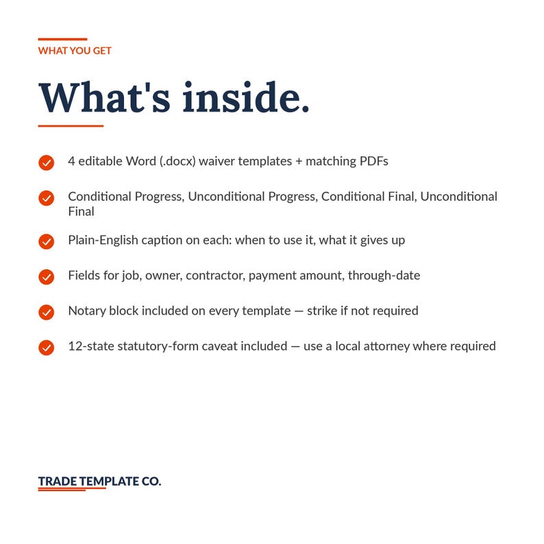 Op de afbeelding: Een digitale documentenlijst met de titel What's inside. Het bevat 4 bewerkbare Word-afstandverklaringen en bijbehorende PDF's, inclusief voorwaardelijke en onvoorwaardelijke voortgangs- en eindformulieren en notari&euml;le blokken.