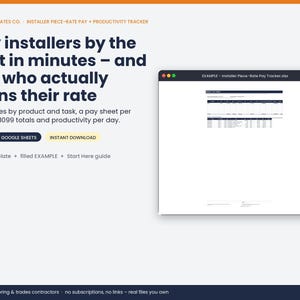 May include: A digital installer piece-rate pay and productivity tracker template for Excel and Google Sheets. The display features text detailing pay by square foot, 1099 totals, and daily productivity, alongside a preview of a spreadsheet file.