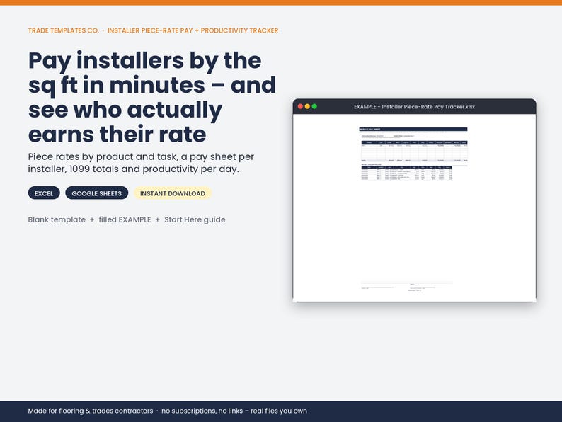 May include: A digital installer piece-rate pay and productivity tracker template for Excel and Google Sheets. The display features text detailing pay by square foot, 1099 totals, and daily productivity, alongside a preview of a spreadsheet file.