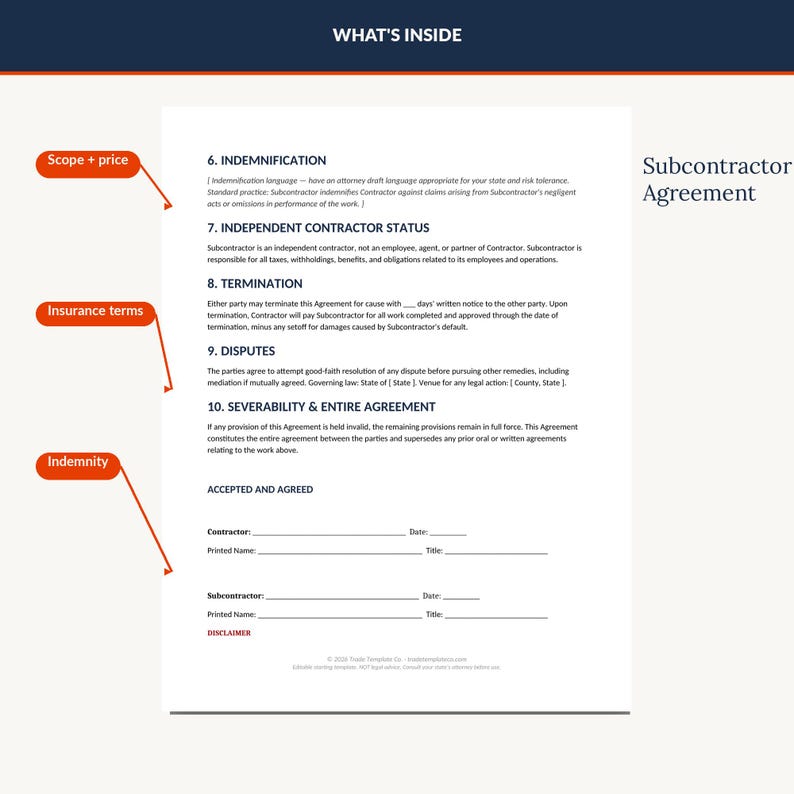 Subcontractor Agreement Template | Editable Construction Sub Contract | Scope Payment Insurance Lien Waiver Clauses | Word PDF imagen 4