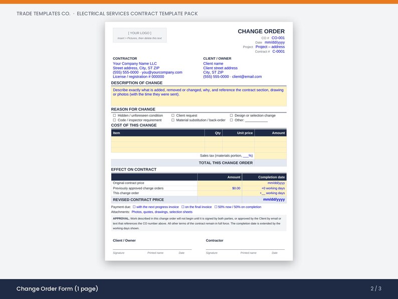 May include: A white electrical services change order form template with dark blue text and headers. The document includes sections for contractor and client information, description of change, reason for change, cost, and revised contract price.
