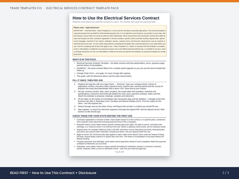 May include: A white document titled How to Use the Electrical Services Contract with black text on a light background. It includes sections on legal disclosure, what is in the pack, instructions to fill it once, and checks for your state.