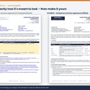 May include: A digital document template for a Handyman Services Agreement, shown in two versions: a blank form with placeholders for contractor and client details, and a completed example with specific project information and task descriptions.