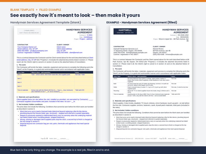 May include: A digital document template for a Handyman Services Agreement, shown in two versions: a blank form with placeholders for contractor and client details, and a completed example with specific project information and task descriptions.