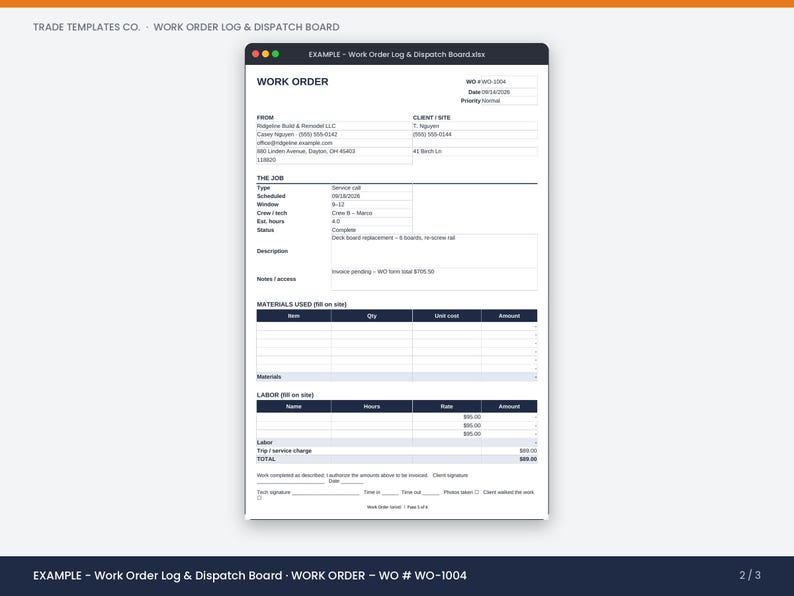 May include: A digital work order log and dispatch board template featuring sections for client information, job details, materials used, and labor costs. The document includes fields for work order number WO-1004, dates, and specific service call data.