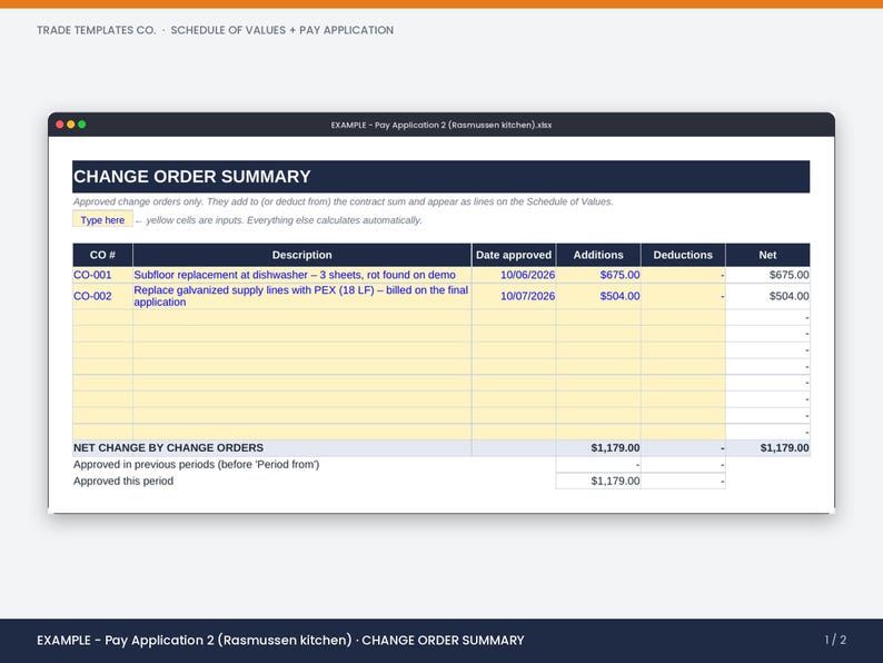 May include: A digital spreadsheet titled Change Order Summary for Trade Templates Co. The table displays columns for CO number, description, date approved, additions, deductions, and net totals, featuring entries for subfloor replacement and PEX supply lines.