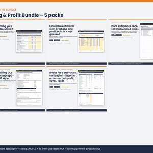 May include: A digital Pricing & Profit Bundle featuring five distinct packs. Each pack includes a blank template, a filled example, and a Start Here PDF. The documents cover markup calculation, line-item estimates, price lists, progress billing, and bookkeeping for contractors.
