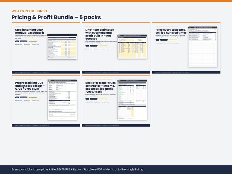 May include: A digital Pricing & Profit Bundle featuring five distinct packs. Each pack includes a blank template, a filled example, and a Start Here PDF. The documents cover markup calculation, line-item estimates, price lists, progress billing, and bookkeeping for contractors.