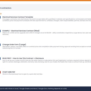 May include: A digital document bundle for electrical contractors containing an Electrical Services Contract Template, a filled example contract, a Change Order Form, a How to Use This Contract guide, and a Start Here PDF, all editable in Word and Docs.
