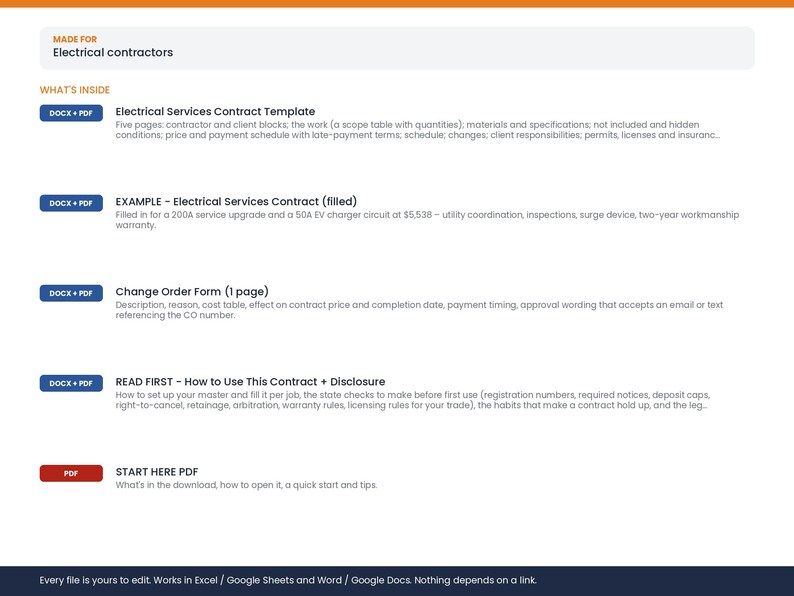 May include: A digital document bundle for electrical contractors containing an Electrical Services Contract Template, a filled example contract, a Change Order Form, a How to Use This Contract guide, and a Start Here PDF, all editable in Word and Docs.