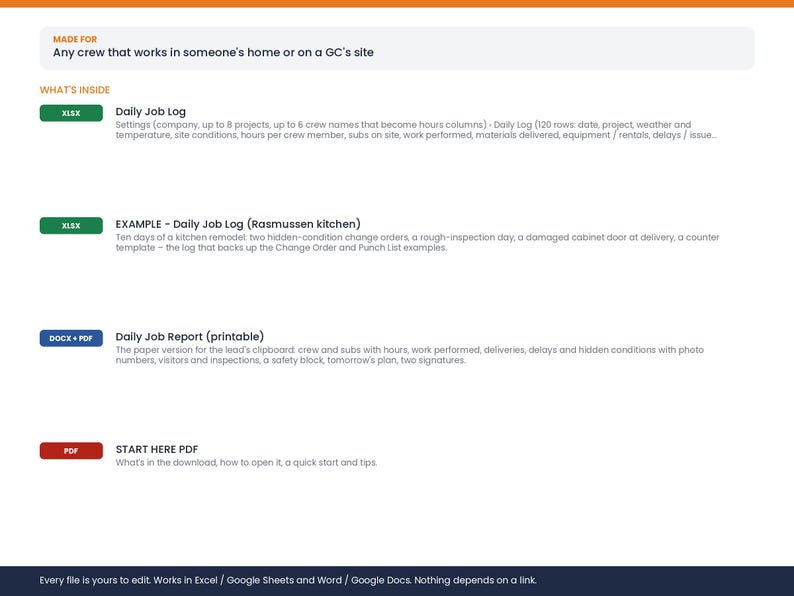 May include: A digital document set featuring a Daily Job Log, an example log for a kitchen remodel, a printable Daily Job Report, and a Start Here PDF. The files are compatible with Excel, Google Sheets, Word, and Google Docs for editing.