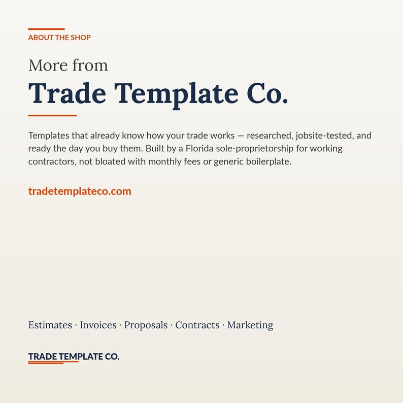 Pode incluir: Um gr&aacute;fico digital com fundo creme apresentando o texto ABOUT THE SHOP, More from Trade Template Co., e uma descri&ccedil;&atilde;o de modelos comerciais. Inclui o site tradetemplateco.com e uma lista: Estimates, Invoices, Proposals, Contracts, Marketing.