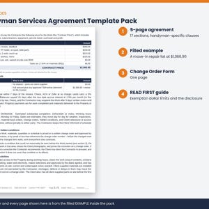 May include: A Handyman Services Agreement Template Pack featuring a 5-page agreement with 17 sections, a filled example with a $1,066.90 repair list, a one-page Change Order Form, and a READ FIRST guide detailing exemption dollar limits and disclosures.