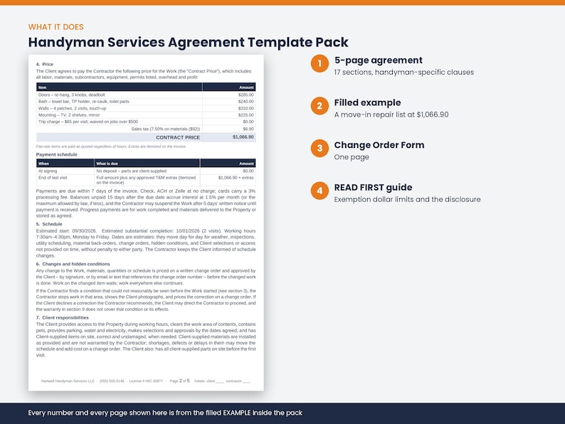 May include: A Handyman Services Agreement Template Pack featuring a 5-page agreement with 17 sections, a filled example with a $1,066.90 repair list, a one-page Change Order Form, and a READ FIRST guide detailing exemption dollar limits and disclosures.