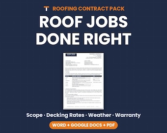 Roofing Contract Template, Roof Replacement Agreement, Decking Rates, Warranty, Cancellation, Word Google Docs PDF