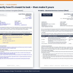 May include: An electrical services contract template featuring a blank version on the left and a filled example on the right. Both documents include sections for contractor and client information, a work description table, and terms and conditions.