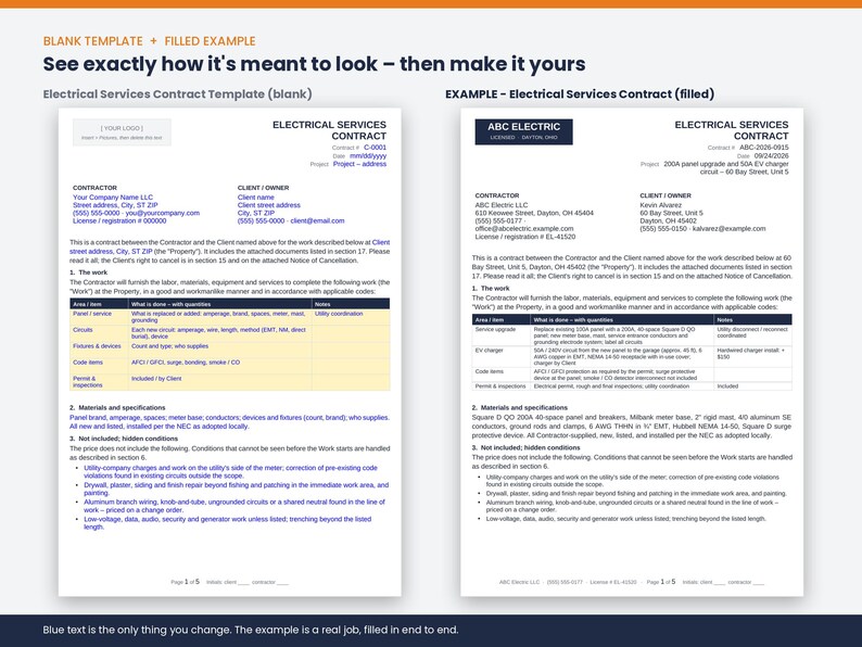 May include: An electrical services contract template featuring a blank version on the left and a filled example on the right. Both documents include sections for contractor and client information, a work description table, and terms and conditions.