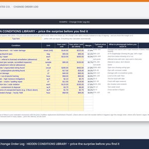 May include: A digital spreadsheet titled Hidden Conditions Library featuring columns for condition, unit, cost, price, margin, price range, and photography instructions. The table includes rows for subfloor, mold, asbestos, and plumbing repairs.