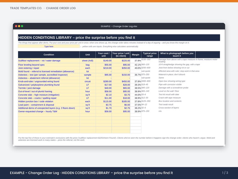 May include: A digital spreadsheet titled Hidden Conditions Library featuring columns for condition, unit, cost, price, margin, price range, and photography instructions. The table includes rows for subfloor, mold, asbestos, and plumbing repairs.