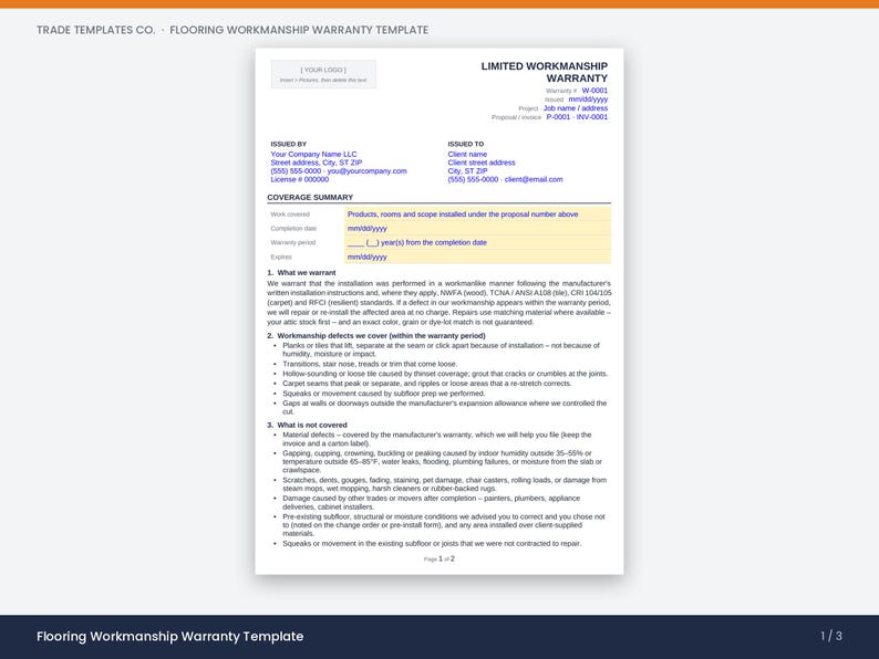 May include: A white document titled Limited Workmanship Warranty for flooring services. It includes sections for company and client details, a coverage summary, and numbered lists outlining what is covered and what is not covered by the warranty.