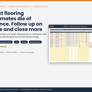 May include: A digital flooring estimate follow-up and close rate tracker template. The graphic displays the text: Most flooring estimates die of silence. Follow up on time and close more. It includes icons for Excel, Google Sheets, PDF, Word, and Google Docs.