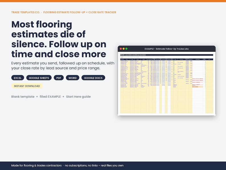 May include: A digital flooring estimate follow-up and close rate tracker template. The graphic displays the text: Most flooring estimates die of silence. Follow up on time and close more. It includes icons for Excel, Google Sheets, PDF, Word, and Google Docs.