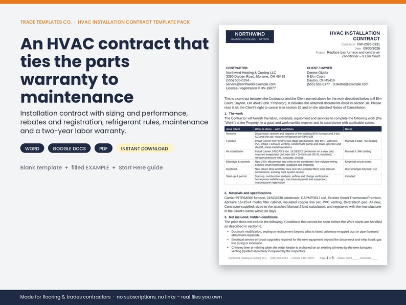 May include: An HVAC installation contract template pack featuring a document with sections for contractor and client details, work descriptions, materials, and specifications. The text includes headings like HVAC Installation Contract.