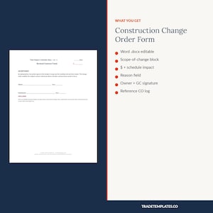 Konstruktionsänderungs-Auftragsformular | Bearbeitbare Subunternehmer CO-Vorlage | Word + Ausfüllbares PDF + Google Docs | Kundenunterschrift bereit Bild 5