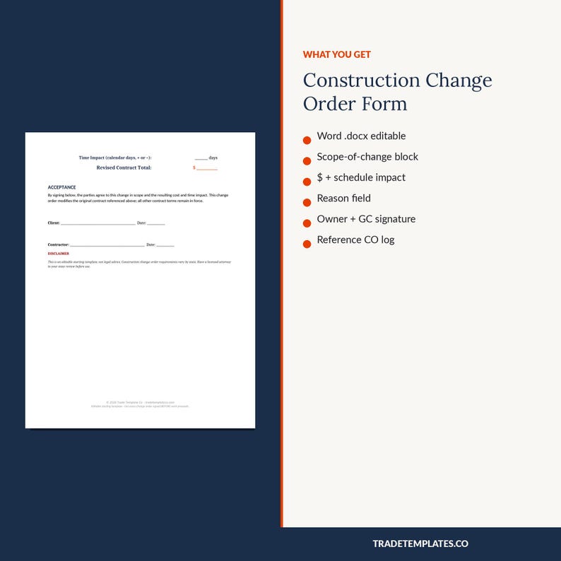 Konstruktionsänderungs-Auftragsformular | Bearbeitbare Subunternehmer CO-Vorlage | Word + Ausfüllbares PDF + Google Docs | Kundenunterschrift bereit Bild 5